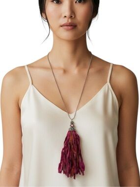 Hand Crafted Magenta Silk Tassel Pendant Necklace NWT Cottage Boho